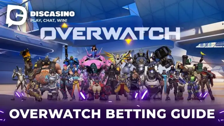 DisCasino Overwatch Betting Guide with a lineup of Overwatch heroes in front of the game logo in a futuristic setting.
