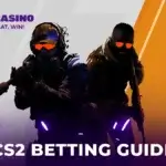 DisCasino CS2 Betting Guide featuring two armed Counter-Strike 2 characters with glowing orange goggles on a split background of gray and orange.