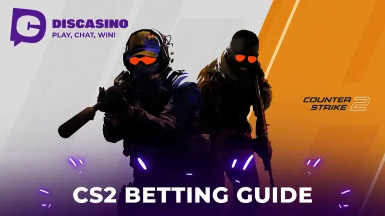 DisCasino CS2 Betting Guide featuring two armed Counter-Strike 2 characters with glowing orange goggles on a split background of gray and orange.