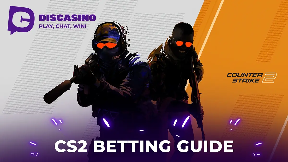 DisCasino CS2 Betting Guide featuring two armed Counter-Strike 2 characters with glowing orange goggles on a split background of gray and orange.