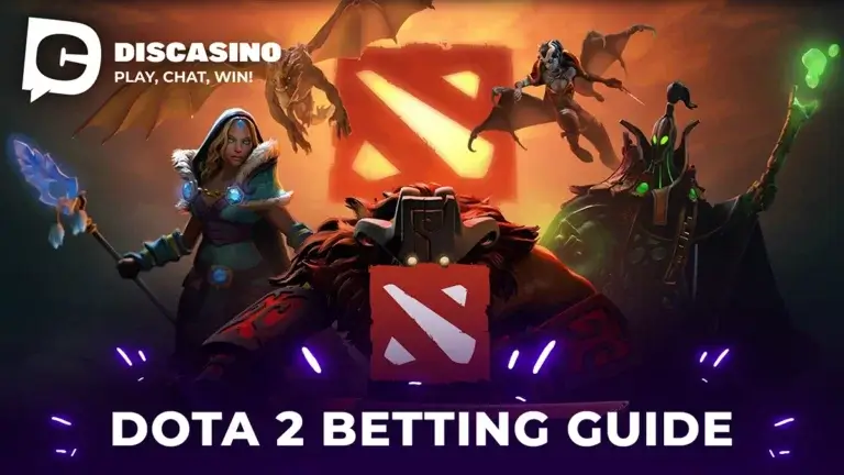 DisCasino Dota 2 Betting Guide featuring Dota 2 heroes against a glowing Dota 2 logo backdrop.