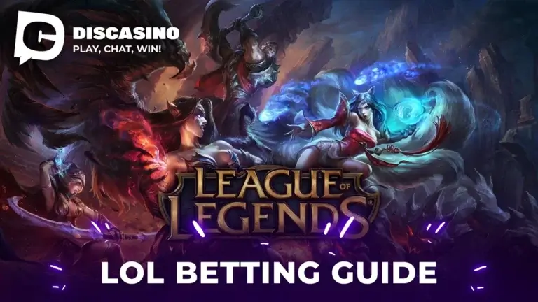 DisCasino League of Legends Betting Guide showcasing popular League of Legends champions with the game logo in a dark, fantasy-themed background.